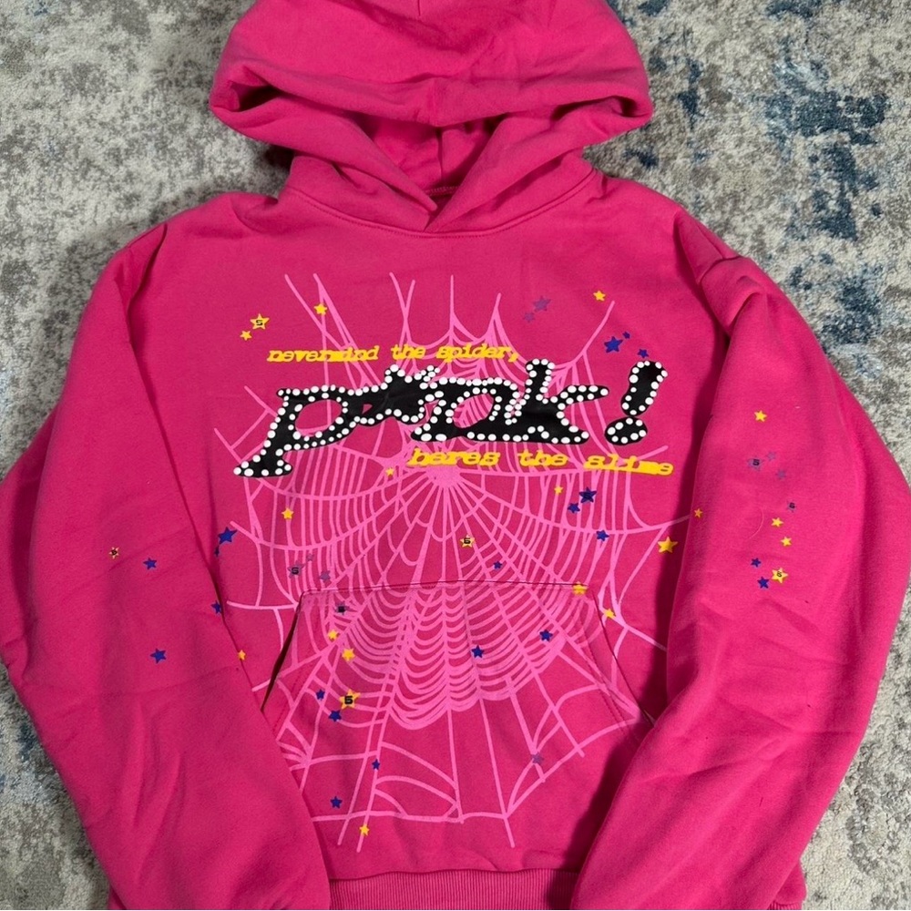 Hot Pink Graphic Hoodie with Spiderweb & Sparkle Detail